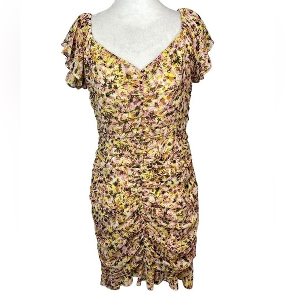 ASTR THE LABEL DRESS Floral Ruched Chiffon Mini YELLOW SIZE Medium - Picture 3 of 13